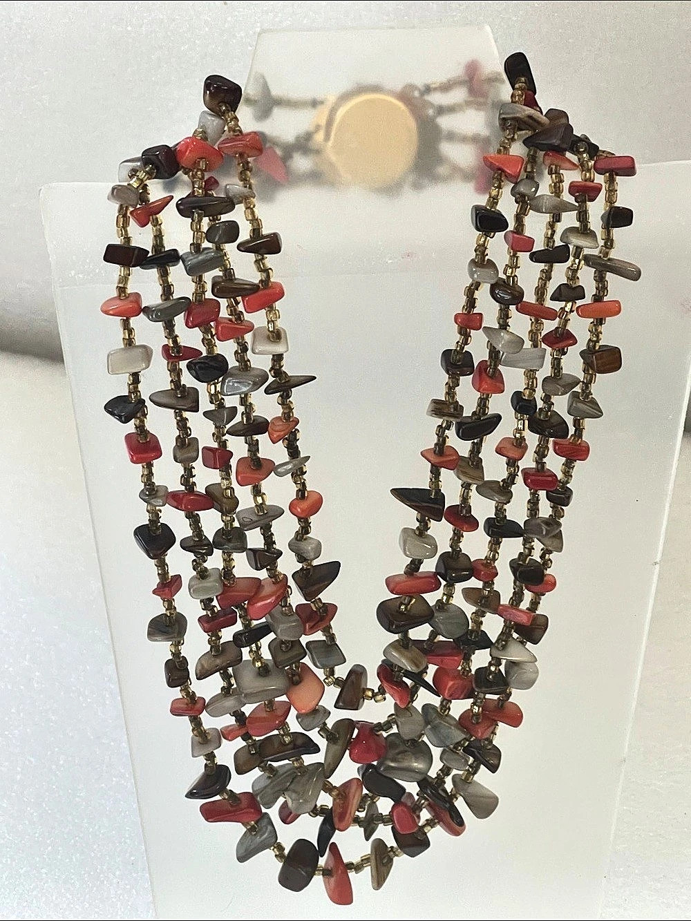 Multi-Strand Beaded Necklace in Red & Brown